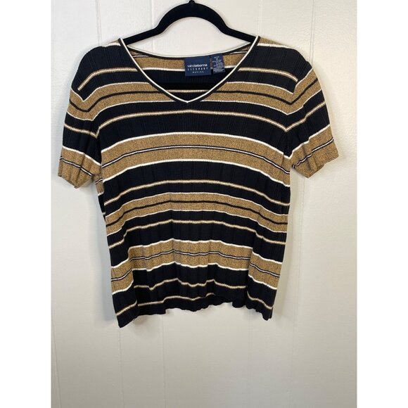 Liz Claiborne Lizsport Petite Black & Gold Striped V-Neck Knit Top M - Picture 2 of 4